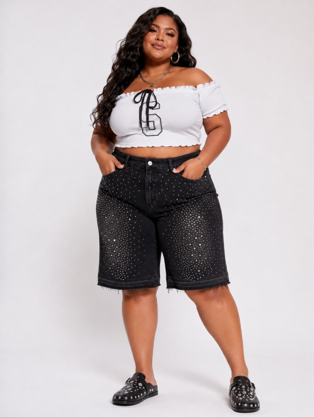 NEW! Womens Rhinestone Embellished Denim Bermuda Shorts, Sz 1X, NWT